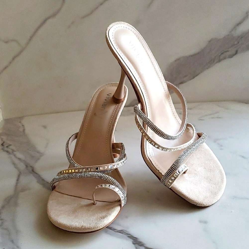 Vivianly Open Round Toe Rhinestone Straped Heeled Slide on Sandals in Nude SZ 8